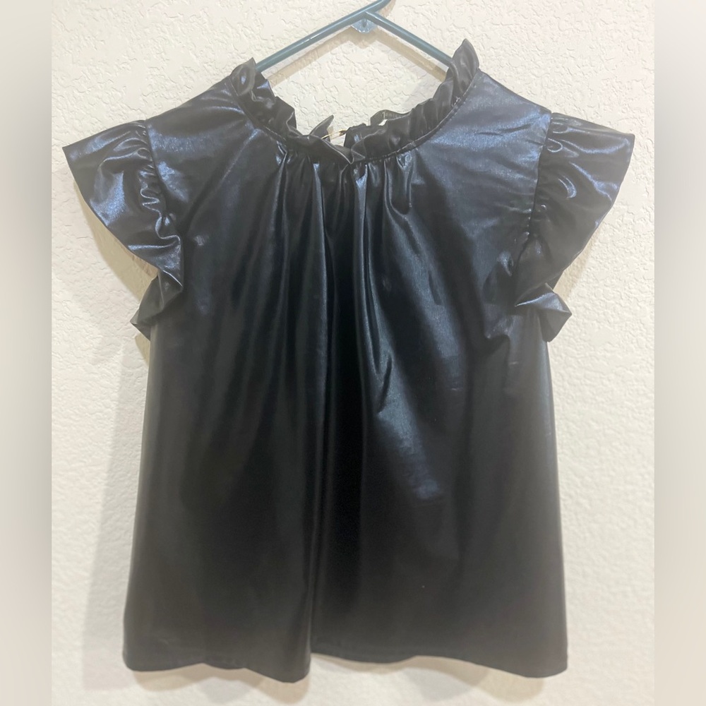 Black Faux Leather Top with Ruffle Sleeves